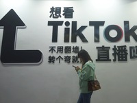 TikTok's booth is being displayed at an exhibition in Hangzhou, Zhejiang province, China, on November 23, 2023. TikTok is issuing a notice t...