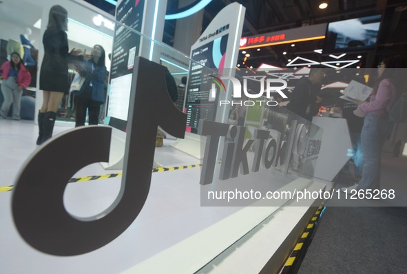 TikTok's booth is being displayed at an exhibition in Hangzhou, Zhejiang province, China, on November 23, 2023. TikTok is issuing a notice t...