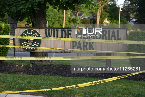 Wilde Memorial Park is remaining closed in Glen Rock, New Jersey, United States, on May 22, 2024, following a shooting. Police tape, police...