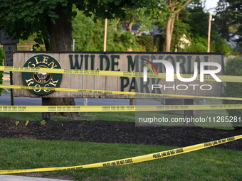 Wilde Memorial Park is remaining closed in Glen Rock, New Jersey, United States, on May 22, 2024, following a shooting. Police tape, police...