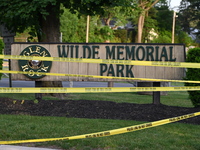 Wilde Memorial Park is remaining closed in Glen Rock, New Jersey, United States, on May 22, 2024, following a shooting. Police tape, police...