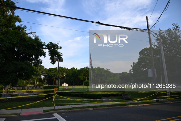 Wilde Memorial Park is remaining closed in Glen Rock, New Jersey, United States, on May 22, 2024, following a shooting. Police tape, police...