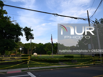 Wilde Memorial Park is remaining closed in Glen Rock, New Jersey, United States, on May 22, 2024, following a shooting. Police tape, police...