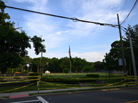 Wilde Memorial Park is remaining closed in Glen Rock, New Jersey, United States, on May 22, 2024, following a shooting. Police tape, police...