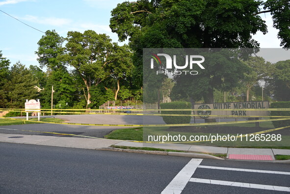 Wilde Memorial Park is remaining closed in Glen Rock, New Jersey, United States, on May 22, 2024, following a shooting. Police tape, police...