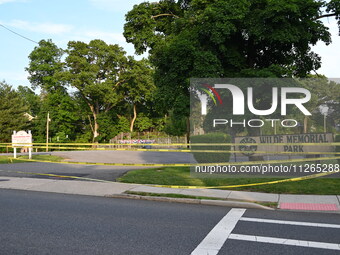 Wilde Memorial Park is remaining closed in Glen Rock, New Jersey, United States, on May 22, 2024, following a shooting. Police tape, police...