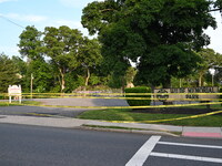 Wilde Memorial Park is remaining closed in Glen Rock, New Jersey, United States, on May 22, 2024, following a shooting. Police tape, police...