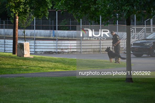 Wilde Memorial Park is remaining closed in Glen Rock, New Jersey, United States, on May 22, 2024, following a shooting. Police tape, police...