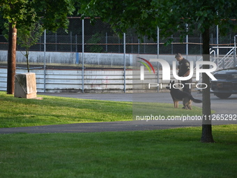 Wilde Memorial Park is remaining closed in Glen Rock, New Jersey, United States, on May 22, 2024, following a shooting. Police tape, police...