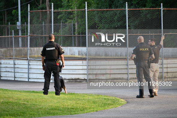 Wilde Memorial Park is remaining closed in Glen Rock, New Jersey, United States, on May 22, 2024, following a shooting. Police tape, police...