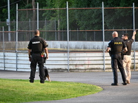 Wilde Memorial Park is remaining closed in Glen Rock, New Jersey, United States, on May 22, 2024, following a shooting. Police tape, police...