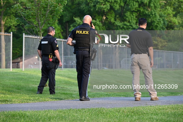 Wilde Memorial Park is remaining closed in Glen Rock, New Jersey, United States, on May 22, 2024, following a shooting. Police tape, police...