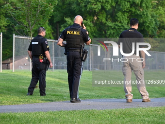 Wilde Memorial Park is remaining closed in Glen Rock, New Jersey, United States, on May 22, 2024, following a shooting. Police tape, police...