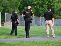 Wilde Memorial Park is remaining closed in Glen Rock, New Jersey, United States, on May 22, 2024, following a shooting. Police tape, police...