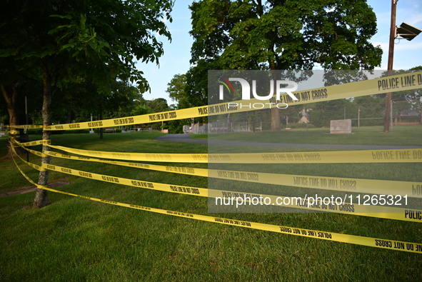 Wilde Memorial Park is remaining closed in Glen Rock, New Jersey, United States, on May 22, 2024, following a shooting. Police tape, police...