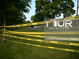 Wilde Memorial Park is remaining closed in Glen Rock, New Jersey, United States, on May 22, 2024, following a shooting. Police tape, police...