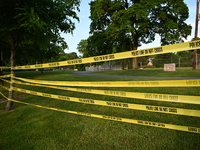 Wilde Memorial Park is remaining closed in Glen Rock, New Jersey, United States, on May 22, 2024, following a shooting. Police tape, police...