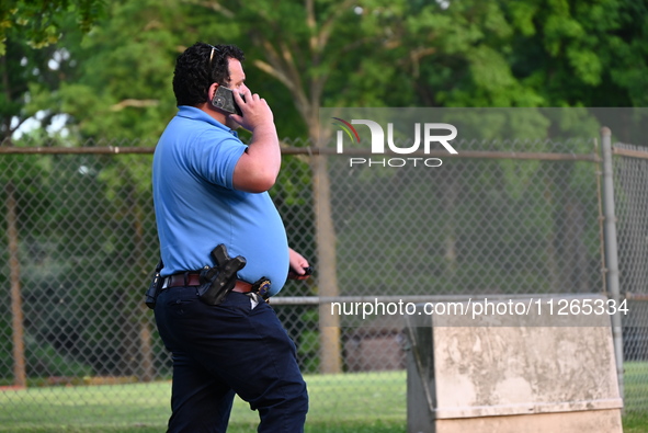 Wilde Memorial Park is remaining closed in Glen Rock, New Jersey, United States, on May 22, 2024, following a shooting. Police tape, police...