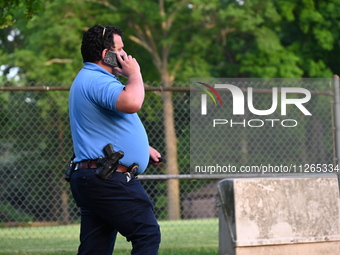 Wilde Memorial Park is remaining closed in Glen Rock, New Jersey, United States, on May 22, 2024, following a shooting. Police tape, police...