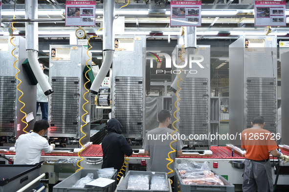 Workers are assembling refrigerators at the LG Refrigerator production base in Taizhou, China, on May 23, 2024. This is LG's largest refrige...