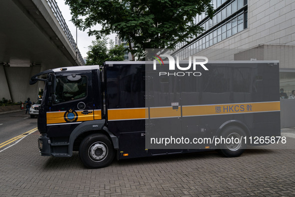 The prison van is believed to be carrying Jimmy Lai and is leaving the courthouse where the trial of Jimmy Lai, the founder of the now-shutt...