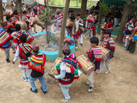 Nepalese people from the Kirat community are wearing traditional attire and playing and dancing during the Ubhauli festival in Lalitpur, Nep...