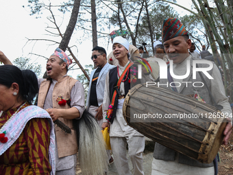 Nepalese people from the Kirat community are wearing traditional attire and playing and dancing during the Ubhauli festival in Lalitpur, Nep...