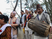 Nepalese people from the Kirat community are wearing traditional attire and playing and dancing during the Ubhauli festival in Lalitpur, Nep...