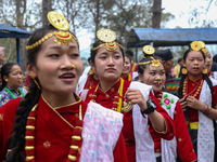 Nepalese people from the Kirat community are wearing traditional attire and playing and dancing during the Ubhauli festival in Lalitpur, Nep...