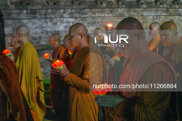 Monks are performing the Pindapata ritual, carrying lotus lamps and circling Borobudur Temple three times. 