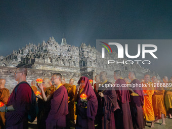 Monks are performing the Pindapata ritual, carrying lotus lamps and circling Borobudur Temple three times. (