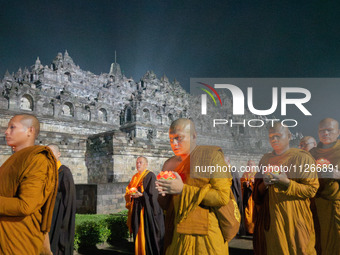 Monks are performing the Pindapata ritual, carrying lotus lamps and circling Borobudur Temple three times. (