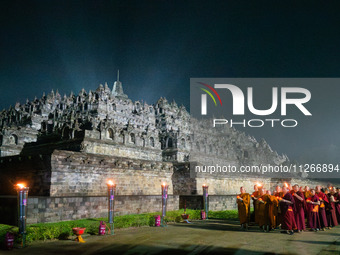 Monks are performing the Pindapata ritual, carrying lotus lamps and circling Borobudur Temple three times. (