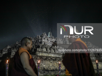 Buddhist monks are looking at the lanterns of Vesak Day 2568 B.E. at Borobudur Temple in Magelang, Central Java, on May 23, 2024. (