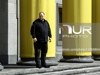 Chairman of the Verkhovna Rada of Ukraine, Ruslan Stefanchuk, is standing near the Parliament in Kyiv, Ukraine, on May 24, 2024. (