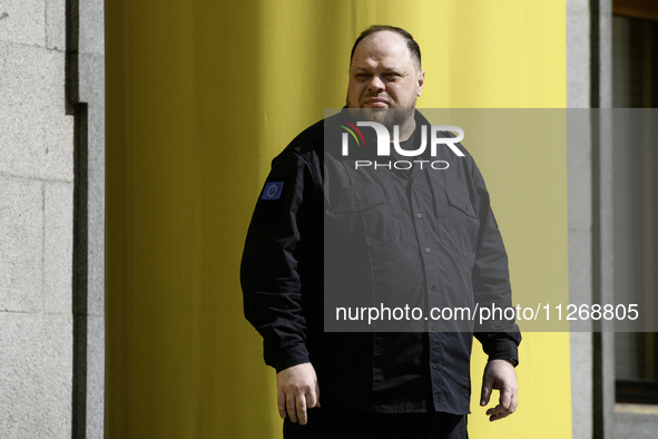 Chairman of the Verkhovna Rada of Ukraine, Ruslan Stefanchuk, is standing near the Parliament in Kyiv, Ukraine, on May 24, 2024. 