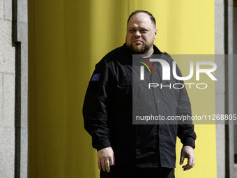 Chairman of the Verkhovna Rada of Ukraine, Ruslan Stefanchuk, is standing near the Parliament in Kyiv, Ukraine, on May 24, 2024. (