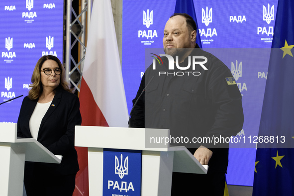 Speaker of the Polish Senate Malgorzata Kidawa-Blonska and Chairman of the Verkhovna Rada of Ukraine Ruslan Stefanchuk are attending a joint...