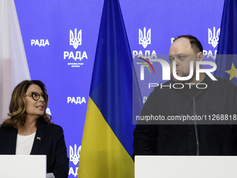 Speaker of the Polish Senate Malgorzata Kidawa-Blonska and Chairman of the Verkhovna Rada of Ukraine Ruslan Stefanchuk are attending a joint...