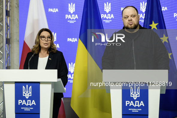 Speaker of the Polish Senate Malgorzata Kidawa-Blonska and Chairman of the Verkhovna Rada of Ukraine Ruslan Stefanchuk are attending a joint...