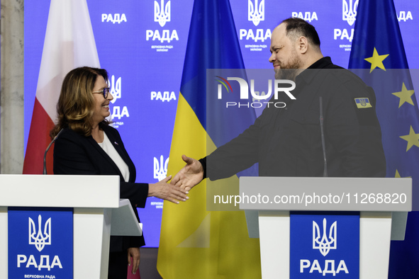 Speaker of the Polish Senate Malgorzata Kidawa-Blonska and Chairman of the Verkhovna Rada of Ukraine Ruslan Stefanchuk are attending a joint...