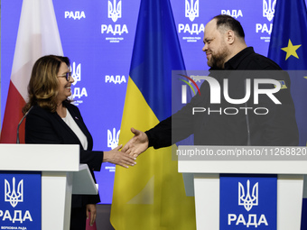 Speaker of the Polish Senate Malgorzata Kidawa-Blonska and Chairman of the Verkhovna Rada of Ukraine Ruslan Stefanchuk are attending a joint...