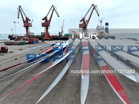 Wind power equipment is being prepared for export at the terminal in Lianyungang, Jiangsu province, in Lianyungang, China, on May 25, 2024. 