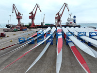 Wind power equipment is being prepared for export at the terminal in Lianyungang, Jiangsu province, in Lianyungang, China, on May 25, 2024....