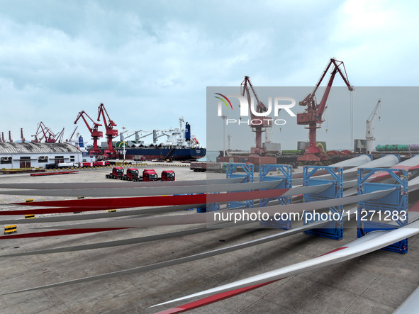 Wind power equipment is being prepared for export at the terminal in Lianyungang, Jiangsu province, in Lianyungang, China, on May 25, 2024. 