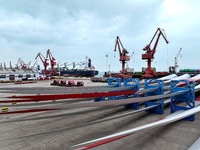 Wind power equipment is being prepared for export at the terminal in Lianyungang, Jiangsu province, in Lianyungang, China, on May 25, 2024....