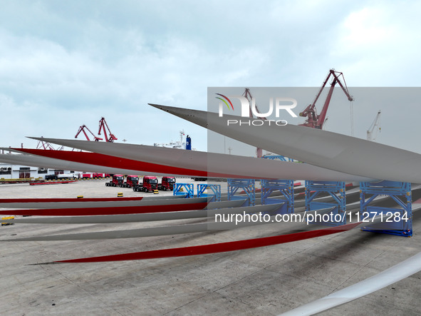 Wind power equipment is being prepared for export at the terminal in Lianyungang, Jiangsu province, in Lianyungang, China, on May 25, 2024. 