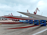 Wind power equipment is being prepared for export at the terminal in Lianyungang, Jiangsu province, in Lianyungang, China, on May 25, 2024....