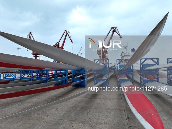 Wind power equipment is being prepared for export at the terminal in Lianyungang, Jiangsu province, in Lianyungang, China, on May 25, 2024. 