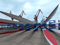 Wind power equipment is being prepared for export at the terminal in Lianyungang, Jiangsu province, in Lianyungang, China, on May 25, 2024....